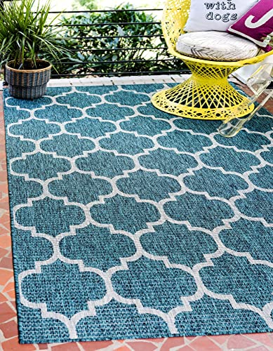 Unique Loom Outdoor Trellis Collection Area Rug (6' 1' x 9' Rectangle, Teal/ Gray)
