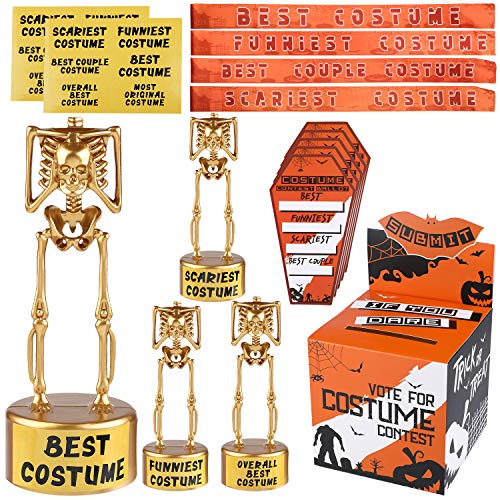 URATOT Halloween Costume Contest Ballot Box and 60 Voting Cards, 4 Pack Costume Skeleton Plastic Gold Trophies, 4 Pieces Costume Contest Sashes for Halloween Party Games Costume Contest Rewards