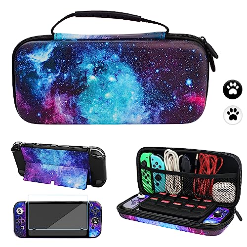 FUNDIARY Cute Carrying Case for Nintendo Switch OLED, Shockproof Hard Shell Carry Case for Switch OLED with PC Cover Case, Screen Protector, 2 Thumb Grips and Adjustable Shoulder Strap(Starry Sky)