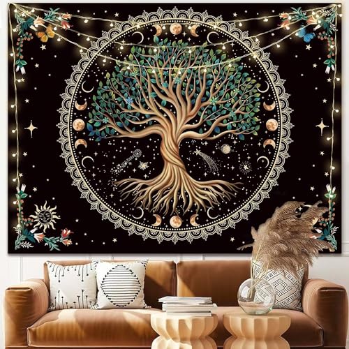 Moon Phase Tree of Life Tapestry Nature Flower Plant Butterfly Tapestries Boho Mandala Spiritual Tapestry Aesthetic Wall Hanging for Home Decor Bedroom Living Room Dorm Decor (35.44' x 47.25', Blue)