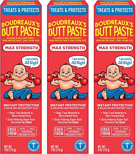 Boudreaux's Butt Paste Maximum Strength Diaper Rash Cream, Ointment for Baby, 4 oz Tube, 3 Pack