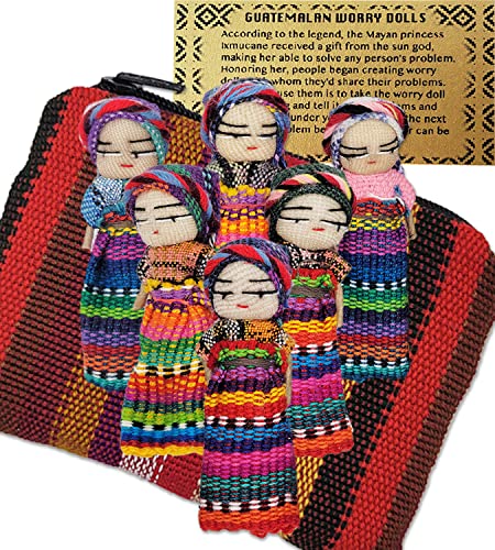 5ô2 6 Cute Worry Dolls + 1 Free Guatemala Fabric Bag - Handmade Guatemala Worry Dolls - Set - Guatemalan - Guatamalen