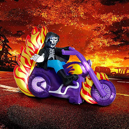 GOOSH 6 FT Halloween Inflatable Reaper Motorcycle Outdoor Decorations Blow Up Yard Grim Reaper Motorbike with Built-in LEDs for Outdoor Garden Lawn Party Decor