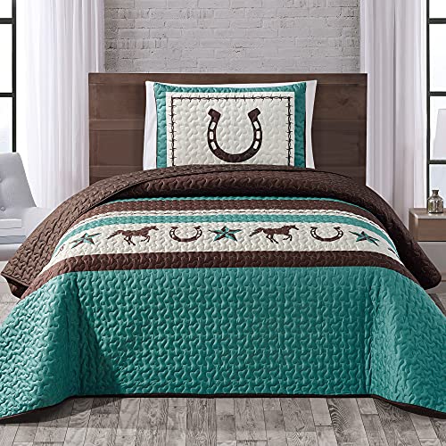 WPM WORLD PRODUCTS MART Western Teal/Beige/Brown Horseshoe, Horse, Barb Wire Cowboy Print Twin Size Bedspread 2 Piece Southwestern Cabin Lodge Design Coverlet Quilt Set- JENA (Twin)