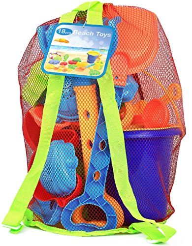 Click N' Play Beach Toys for Kids 3-10 - 18pc Sand Toys Including Sand Buckets for Kids with Sifter, Watering Can, Rake, 4 Hand Tools, 10 Sand Molds & Mesh Beach Toy Bag - Sandbox Toys for Toddlers