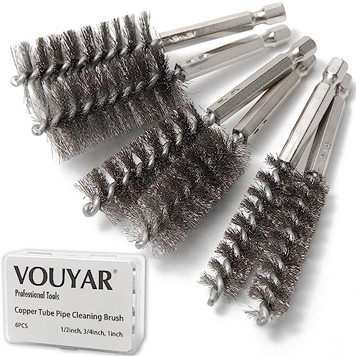 Vouyar 6pcs Copper Tube Pipe Cleaner, 1/2” 3/4” 1” Pipe Cleaning Brush Set, Stainless Steel Wire Bore Brushes for Power Drill, 1/4 Inch Hex Shank