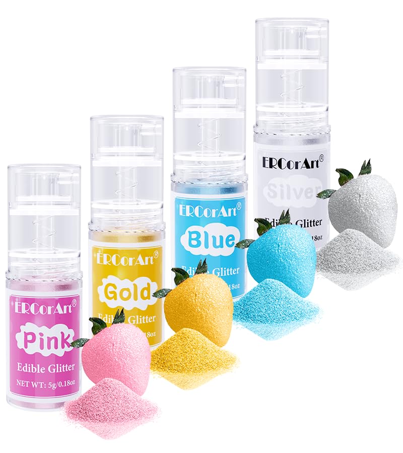 Edible Glitter Spray - 4 Color Edible Glitter for Drinks, Food Grade Edible Luster Dust, Cake Decorating Shimmering Glitter, Metallic Powder Glitter for Baking, Chocolate, Candy, Icing - 5g Each