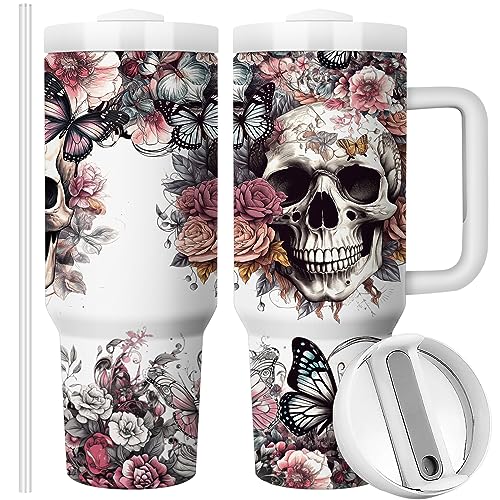 Equoza Tumbler with Lid and Straw | Travel Coffee Mug | Halloween Decoration Horror Gift | 40oz Double Wall Vacuun Insulated Cup (Gothic Skeleton Ghost)