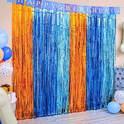 LOLStar Blue Dog Party Decorations,2 Packs of 3.3x6.6 ft Orange Blue and Light Blue Foil Fringe Curtains, Blue Dog Birthday Party Supplies,Blue and Orange Tinsel Photo Booth Prop for Blue Dog Backdrop