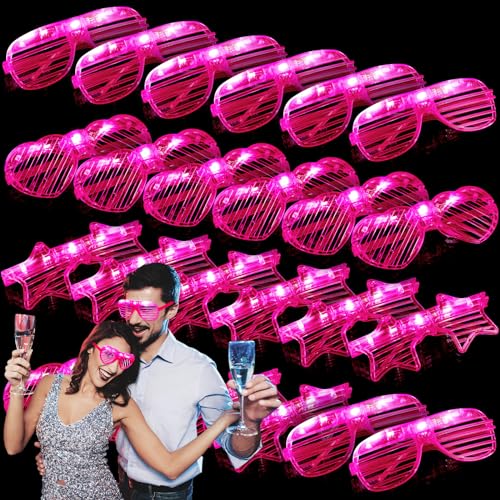 Chitidr 24 Pack Light Up Glasses LED Glasses 3 Flashing Modes LED Sunglasses Shutter Shades Glow Sticks Glasses (Pink)