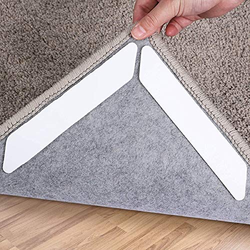 Rug Tape,16 Pcs Dual Sided Washable Removable Rug Stopper Grip Your Area Rug, Non Slip Adhesive Prevent Curl for Hardwood Floors Grip Carpet Corners (Pearl White)