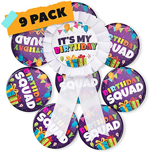CORRURE 9pcs Birthday Button Pins 2.35' - Party Birthday Pins for the Whole Birthday Squad - Unisex Pinback Badge Crew Favors Supplies for 18th, 21st, 25th, 30th Birthday, Adults, Kids, Men or Women