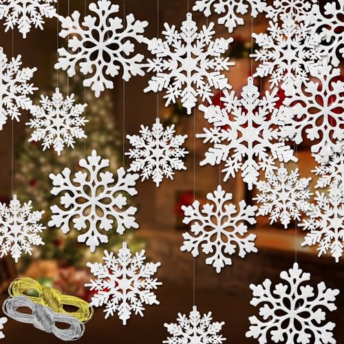 46 Pcs White Glitter Snowflake Ornaments Various Size Plastic Christmas Tree Decorations with Silver Rope for Winter Wonderland Window Door Accessories