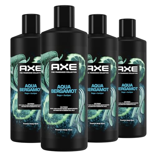 AXE Fine Fragrance Collection Body Wash For Men Aqua Bergamot 4 Count 12h Refreshing Scent Shower Gel Infused with Bergamot, Sage, and Juniper Essential Oils 18 oz