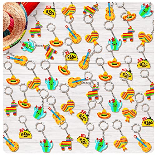 ZAUGONTW 48 Pcs Fiesta Party Keychain, Mexican Keychain, Cinco De Mayo Fiesta Keychain, Donkey Maraca Sombrero Keychains Taco Guitar Cactus Keychains for Mexican Fiesta Themed Party