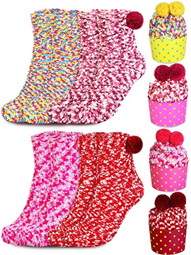SATINIOR 4 Pairs Christmas Fuzzy Socks Fluffy Socks with Cupcake Packaging (Chic Color), Red, Rose Red, Yellow, Pink, suitable for women shoe size of 5 - 10