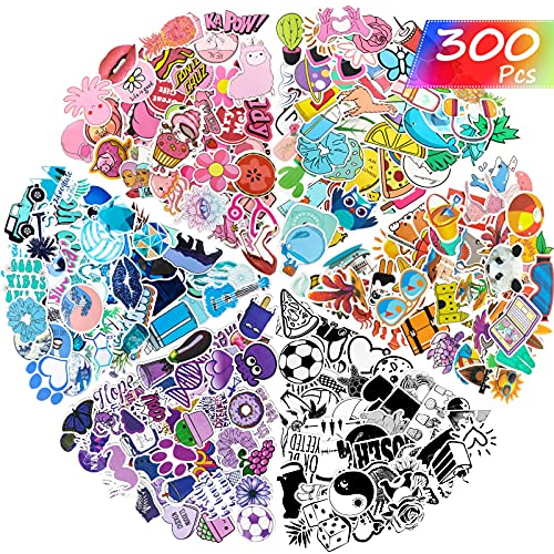 300 Pieces Mixed Stickers for Water Bottles, Vinyl Waterproof Laptop Stickers Aesthetic Cute Colorful Stickers Laptop Luggage Skateboard Computer Stickers for Teens Girls Kids Boys, Mixed 6 Styles