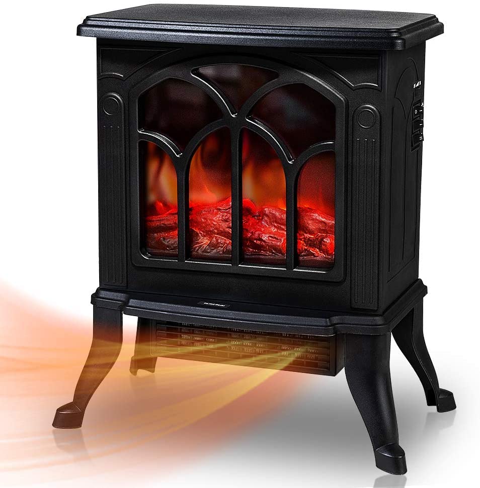 LifePlus Electric Fireplace Heater, Freestanding Stove Heater with 3D Realistic Flame Effect, Small Overheat Safety Protection for Indoor Use Bedroom, 1500W Retro Black