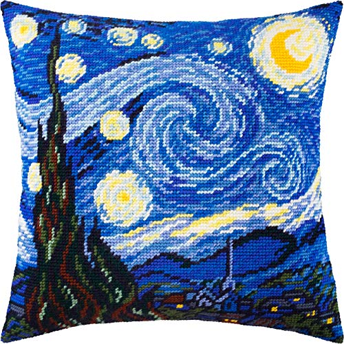 Starry Night by Vincent Van Gogh. Needlepoint Kit. Throw Pillow 16×16 Inches. Printed Tapestry Canvas, European Quality