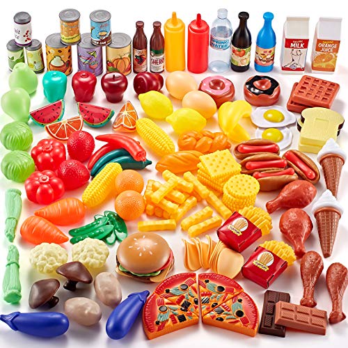 Shimfun 143 Piece Play Food for Kids Kitchen - Toy Assortment - Pretend Food for Toddler - Bonus Water Bottle + Deluxe Color Box Packaging + Storage Bag