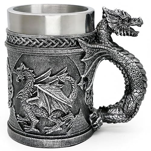 Medieval D&D Dragon Game Mug of Thrones Merchandise 21oz Large Beer Steins Viking Tankard Mug Stainless Coffee Cup Gift Mug for Dragon Collector, Themed Party Decoration