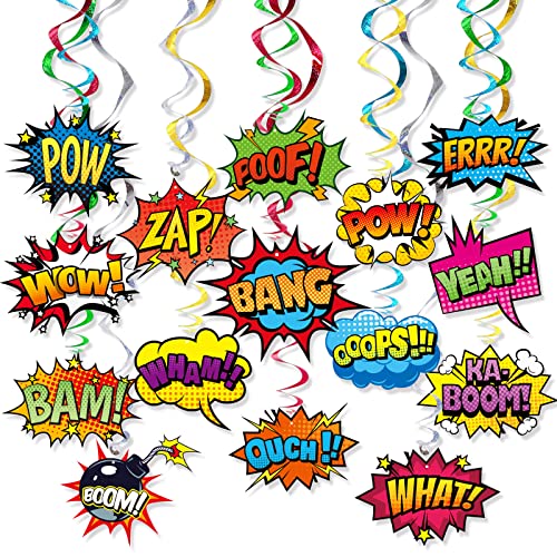 Superhero Hanging Swirls 30 Pack Hero Action Sign Foil Ceiling Hanging Swirls Streams Banner Decor Garland for Kids Superhero Baby Shower Celebrating Events Birthday Party Supplies Room Wall Decor