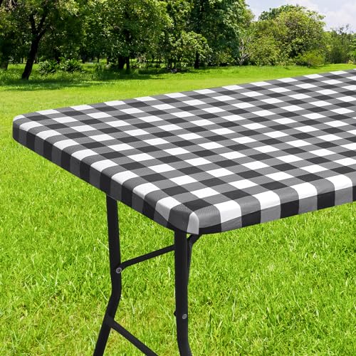 smiry Rectangle Picnic Table Cloth, Elastic Waterproof Fitted Vinyl Tablecloth for 6 FT Tables, Flannel Backed Buffalo Plaid Table Covers for Dining, Camping, Outdoor (Black and White, 30' x 72')