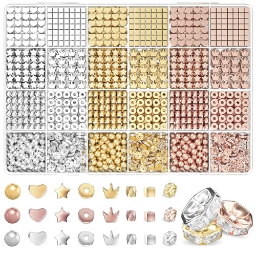 ARTDOT Spacer Beads for Jewelry Friendship Bracelets Making Kit, 1740 PCS 8 Styles Assorted Preppy Gold Beads with Organizer for Teen Girl Gifts Ages 6 7 8 9 10 11 12