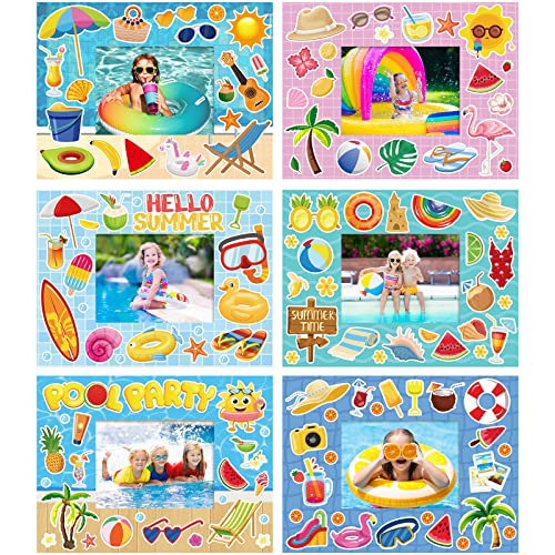 24 Pack Summer Back to School Craft Kit Hawaiian DIY Picture Frame Craft Hello Summer Children Stickers for Kids School Classroom Aloha Beach Pool Theme Summer Party Gifts Game Supplies (Pool)