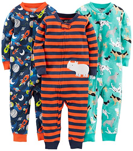 Simple Joys by Carter's Baby Boys' 3-Pack Snug Fit Footless Cotton Pajamas, Navy Space/Rust Stripe/Turquoise Green Dogs, 18 Months