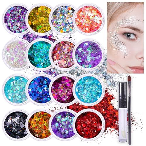 Chunky Holographic Body Glitter I 16 Colors + Glitter Glue for Face Glitter Makeup, Hair, Eye & Fine Glitter Eyeshadow - Perfect for Halloween, Slime, Resin, Tumblers, Craft, Cosmetic & Nail Art