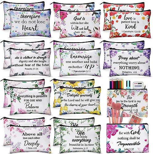 Qeeenar 24 Pcs Christian Makeup Bag Floral Bible Cosmetic Bags Inspirational Bible Verse Toiletry Pouches Canvas Motivational Bag with Zipper for Kids Adult Organize Cosmetics Toiletries Stationery