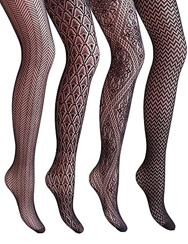 VERO MONTE 4 Styles Patterned Fishnets Tights 4 Pairs Small Hole Black Stockings