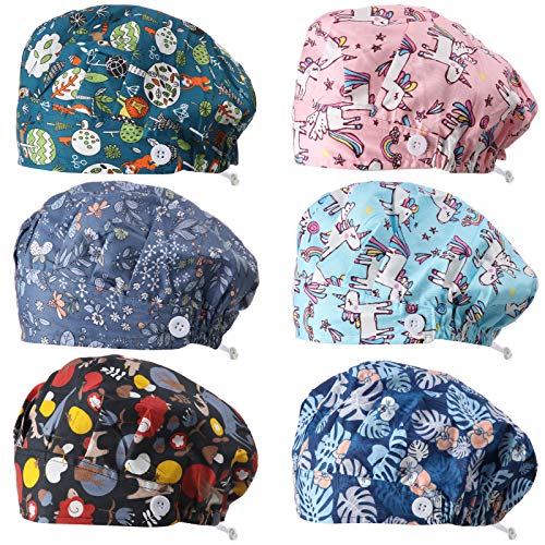 Syhood 6 Pieces Button Bouffant Hats Working Caps Adjustable Printed Sweatband Caps for Women Men Nursing Surgical Caps with Button (Unicorn Style) Multicoloured