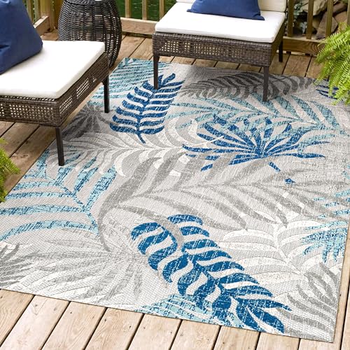 JONATHAN Y AMC100A-8 Tropics Palm Leaves Indoor Outdoor Area-Rug Bohemian Floral Easy-Cleaning High Traffic Bedroom Kitchen Backyard Patio Porch Non Shedding, 8 X 10, Gray/Blue