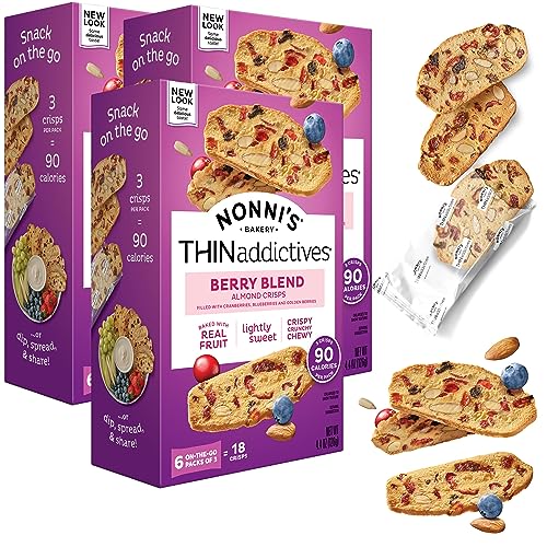 Nonni's THINaddictives Almond Thin Cookies - 3 Boxes Berry Blend Almond Cookies - Almond Cookie Thins w/Cranberries Blueberries Goldenberries Raisins Sunflower Seeds - Kosher - 4.4 oz