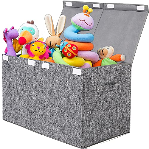 popoly Large Toy Box Chest with Lid, Collapsible Sturdy Toy Storage Organizer Boxes Bins Baskets for Kids, Boys, Girls, Nursery, Playroom, 25'x13' x16' (Linen Gray)