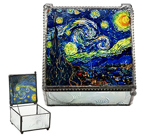 Ebros Vincent Van Gogh Starry Night Stained Art Glass Decorative Box With Metal Frame 4'X4' Museum of Modern Art Trinket Jewelry Box Post Impressionist Art Saint Remy De Provence Window View