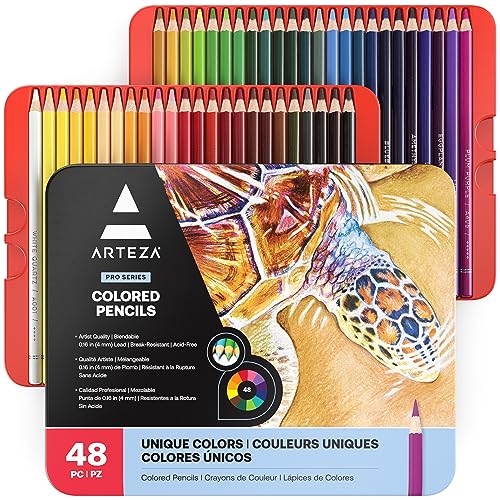 ARTEZA Colored Pencils for Adult Coloring, 48 Colors, Drawing Pencils with Soft Wax-Based Cores, Professional Art Supplies for Artists, Vibrant Pencil Set in Tin Box for Beginners and Pro
