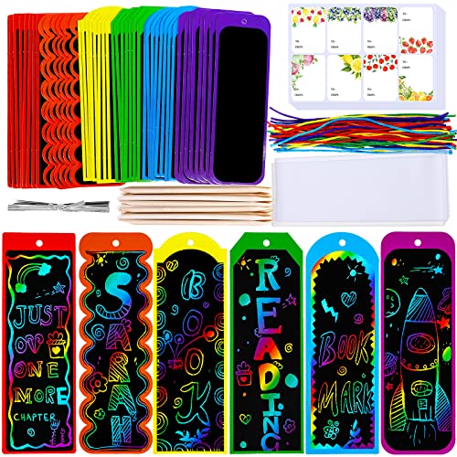 Winlyn 48 Sets 6 Styles Magic Color Scratch Bookmarks Craft Kits Rainbow Scratch Paper Art Sets for Kids Students Party Favors DIY Bookmarks Bulk with Scratching Tools Ribbons for Classroom Activities