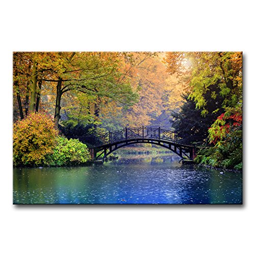 Autumn Landscape Wall Art in Central Park,Tree Around the Wooden Bridge on the Lake,Modern Canvas Painting Picture Print on Canvas Giclee Artwork for Wall Decor,Home Decor