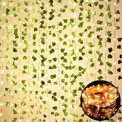 12 Pack Fake Vines for Room Decor with 100 LED String Light Artificial Ivy Garland Hanging Plants Faux Greenery Leaves Bedroom Aesthetic Decor for Home Garden Wall Wedding