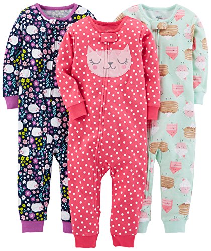 Simple Joys by Carter's Girls' 3-Pack Snug Fit Footless Cotton Pajamas, Floral/Kitten/Sweets, 12 Months