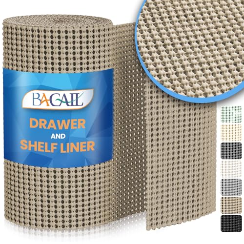BAGAIL Drawer Liner, 12 in X 10 Ft Non-Adhesive Shelf Liners for Kitchen Cabinets, Thick Strong Grip Liners for Desk, Shelves, Bathroom Drawers, Cabinet Protection - Beige