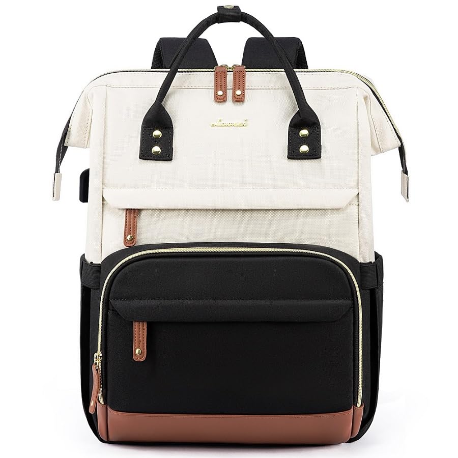 LOVEVOOK Laptop Backpack Purse for Women Men, Nurse Work Business Travel Backpack Bag, Wide Open Backpack, Lightweight Water Resistent Daypack with USB Charging Port, 15.6 inch, Beige-Black-Brown
