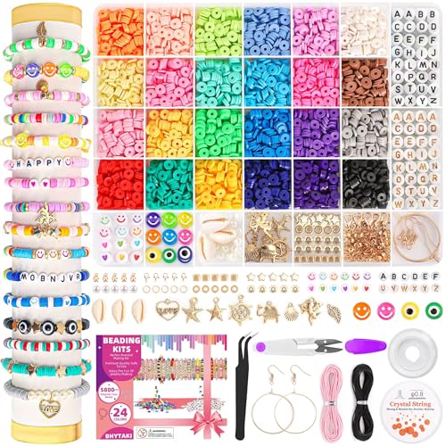 5800 PCS Clay Beads Bracelet Making Kit, 24 Colors Flat Preppy Beads for Friendship Jewelry Making, Polymer Heishi Beads with Charms DIY Arts and Crafts Birthday Gifts Toys for Teen Girls Age 6+