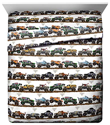 Jay Franco Monster Jam Tracks Queen Sheet Set - 4 Piece Set Super Soft and Cozy Kid's Bedding Features Grave Digger & Megalodon - Fade Resistant Microfiber Sheets (Official Monster Jam Product)