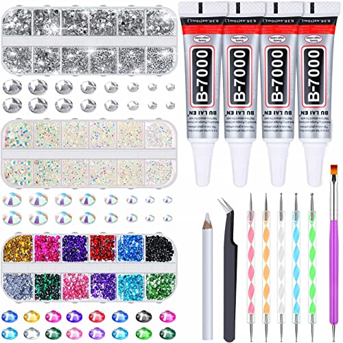 B7000 Jewelry Glue with Rhinestones for Crafts, 4500Pcs Rhinestones with Gems Adhesive for Shoes Cloth Fabric with Picker pencil for Crafting Diamond Art Graduation Cap Decorations