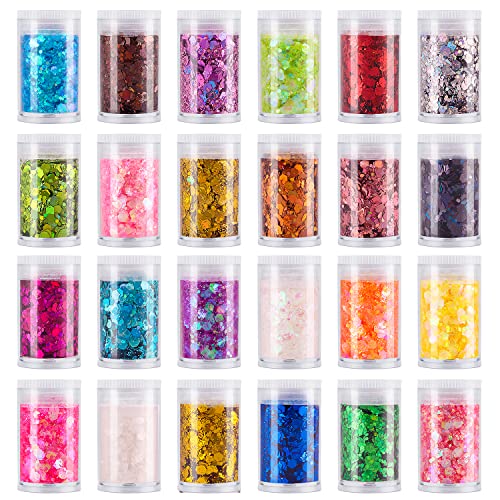 Chunky and Fine Glitter Mix, Estanoite 24 Colors Sequins & Fine Glitter Powder Mix, Holographic Glitter Flakes, Cosmetic Face Body Eye Hair Nail Art Resin Tumbler Iridescent Glitter Loose Glitter