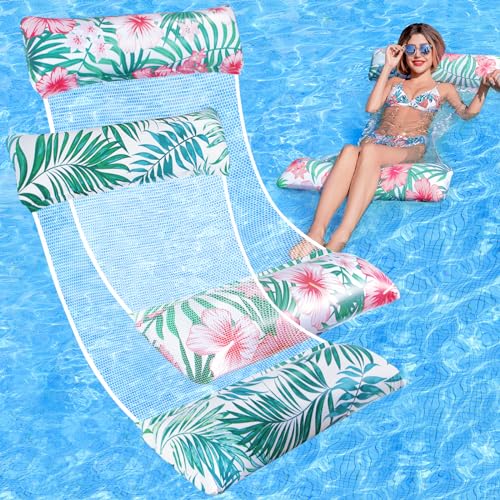 Pool Floats - 2 Pack Inflatable Pool Floats Rafts, Pool Floats Adult Size, 4-in-1 Floats for Swimming Pool, Thick PVC Pool Float Lounger Water Hammock